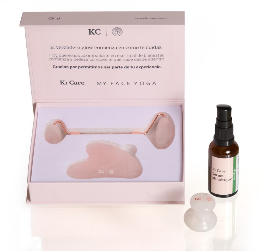 Set de Gua Sha + Rodillo Piedra Quarzo Rosa en caja + Gua Sha Champingon Piedra Blanca + Mimetic Serum Masaje Facial de Ki Care