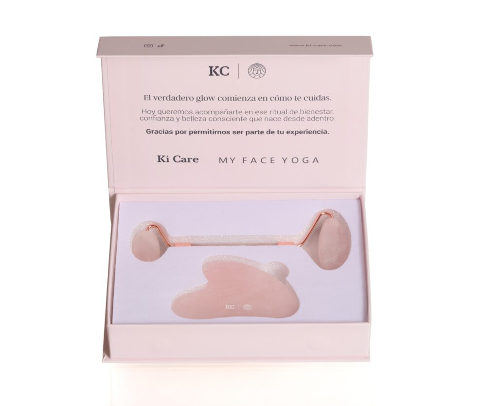Set de Gua Sha + Rodillo Piedra Quarzo Rosa en caja Masaje Facial Ki Care